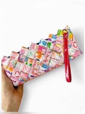 Nahui Ollin Pink Woven Candy Wrapper Wristlet Clutch / Pouch / Wallet
